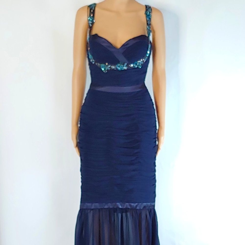 NWT Faviana V-Neck Mermaid Formal Gown in Blue